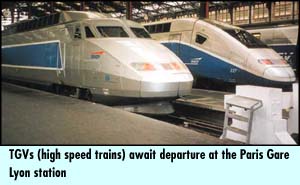 TGVs (high speed trains) await departure at the Paris Gare Lyon station